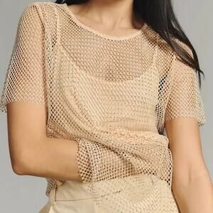 Anthropologie Sunday in Brooklyn L Rhinestone Crystal Mesh TShirt Nude Sheer Top